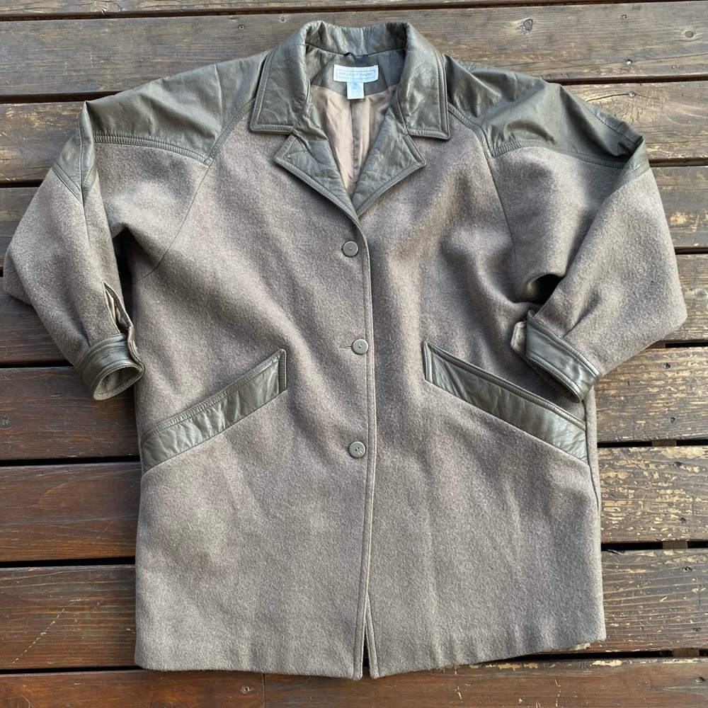 Vintage leather wool cocoon brown button down coat jacket Bryant park